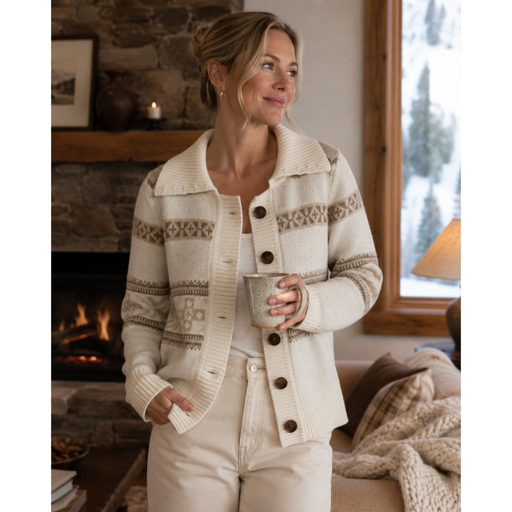 Burgess COLLECTION Fair Isle Cardigan Women L Cotton‎ Cashmere SWEATER